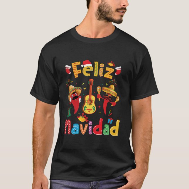 T-shirt Feliz Navidad Mexican Fiesta Hot Pepper Guitar Py (Devant)