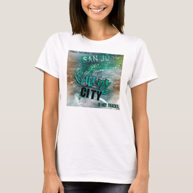 T-shirt femelle de chemise de ville de requin de records (Devant)