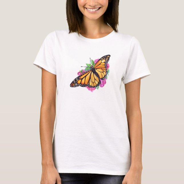 T-shirt féminin avec le papillon Monarque au-dessu (Devant)