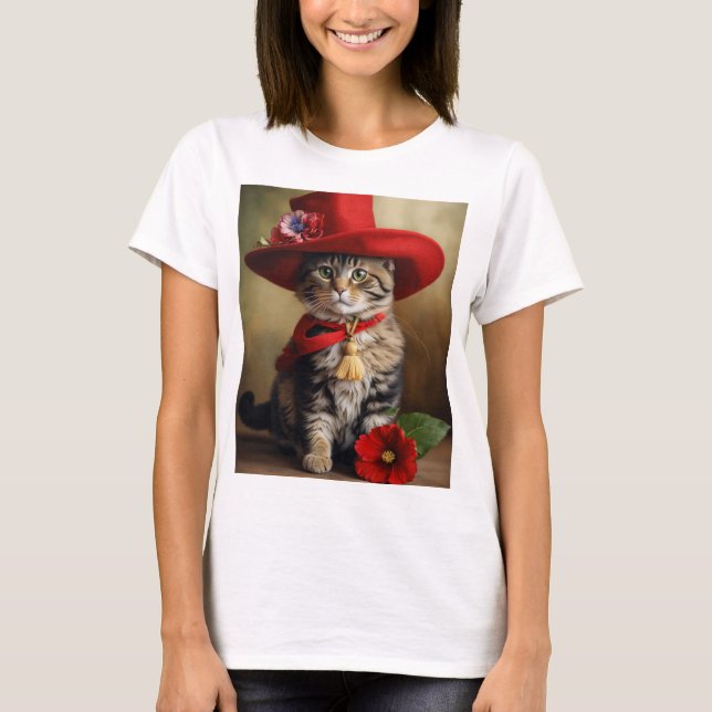 T-shirt féminin branché avec chat Cool rouge (Devant)