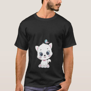 T-shirt Femme Chat Avec De Gros Yeux Et Oiseaux Ce Qui Cha