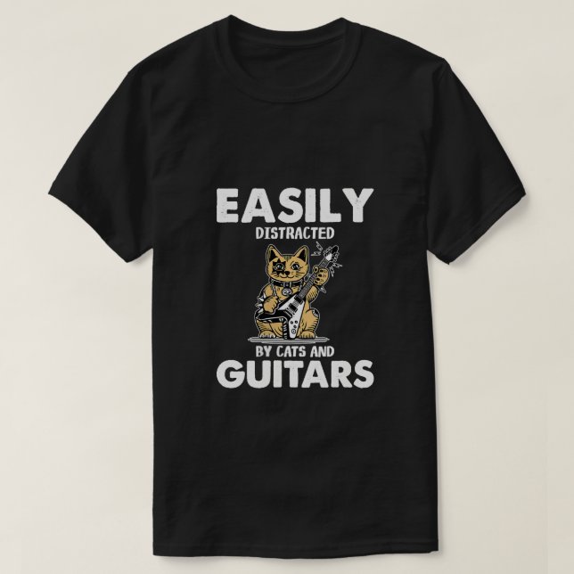 T-shirt Femme Chat Jouer Guitare | Facilement distrait par (Design devant)