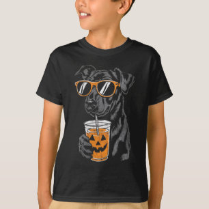 T-shirt Femme Chien Noir Avec Boisson Citrouille Lunettes