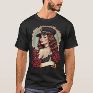 T-shirt Femme Élégante au Chapeau Militaire avec des Roses