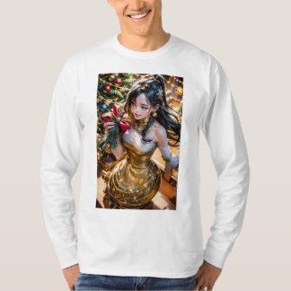 T-shirt femme en robe d'or tenant une rose rouge devant