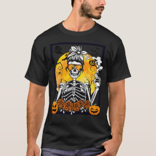 T-shirt Femme Floral Citrouille Skeleton Messy Bun Boire