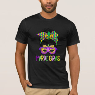 T-shirt Femme mignonne Messy Bun Mardi Gras Masque plumé P