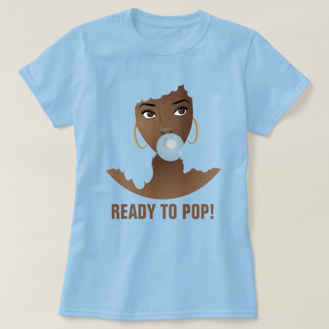 T-shirt Femme noire, Prêt pour la pop, Bubblegum bleu (Design devant)