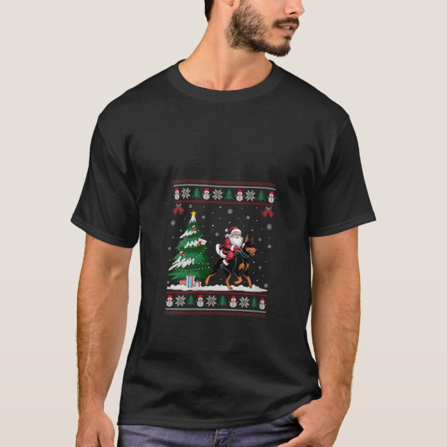 T-shirt Femme Père Noël équitation Doberman Pinscher Chien (Devant)