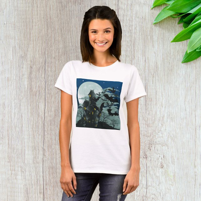 T-shirt femme Pleine lune de maison hantée (Créateur téléchargé)