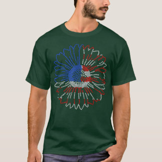 T-shirt Femme Rouge Blanc Bleu Tournesol Bling Rhinestone 