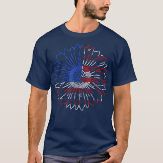 T-shirt Femme Rouge Blanc Bleu Tournesol Bling Rhinestone 