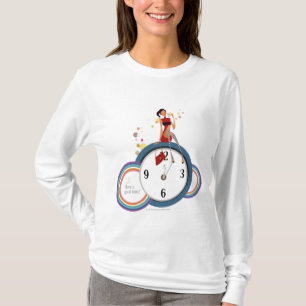 T-shirt Femme s'asseyant sur une horloge et tenant une