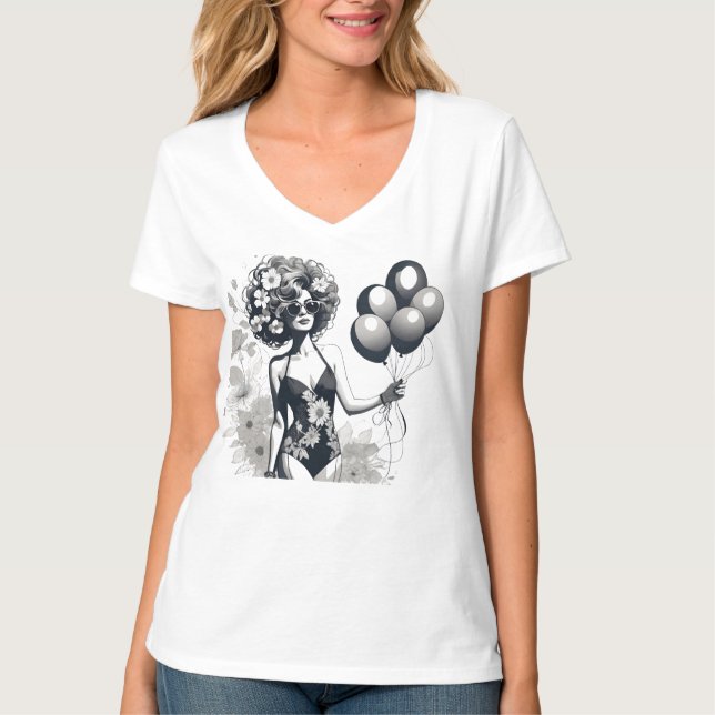 T-shirt Femme tenant une bande de ballons ligne Silhouette (Devant)