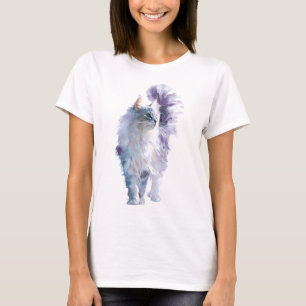 T-shirt Femmes Chat Maine Coon Fluffy Aquarelle Fantaisist