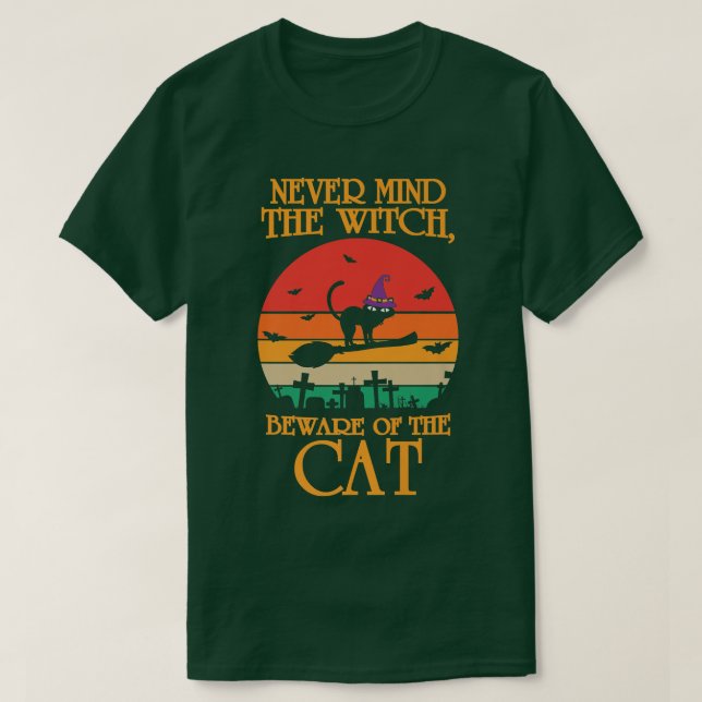 T-shirt FEMMES Effrayant Halloween design balai drôle chat (Design devant)