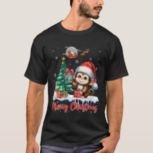 T-shirt FEMMES Joyeux Noël Mignonne singe Santa Hat Monke