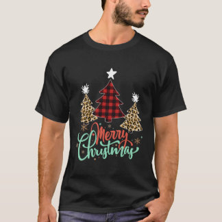 T-shirt Femmes Léopard Plaid Arbre de Noël Joyeux Noël