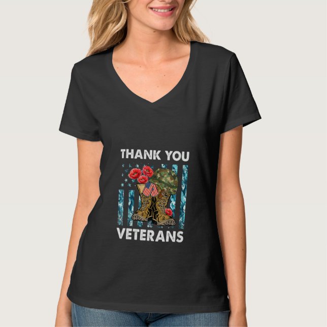 T-shirt Femmes Merci vétérans de combat Bottes de coquelic (Devant)
