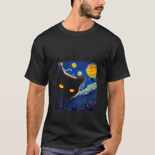 T-shirt Femmes Van Gogh Starry Night Chat Halloween Noir C