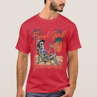 T-shirt Feral Girl été drôle mème Skeleton Hawaii Beach