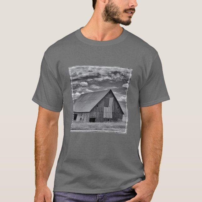T-shirt Fermes | BW American Flag Barn Scene (Devant)