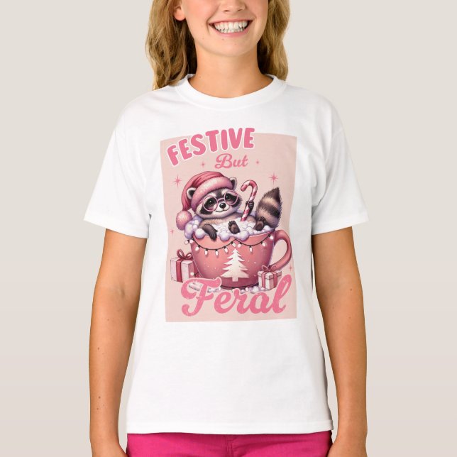 T-shirt Festif de Noël drôle mais Feral Raccoon (Devant)