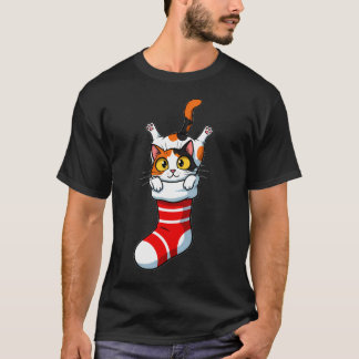 T-shirt Festive Calico Kitty Peeking from Stocking