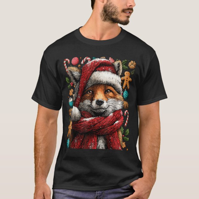 T-shirt Festive Fox With Snow Santa Hat Winter Christmas A (Devant)