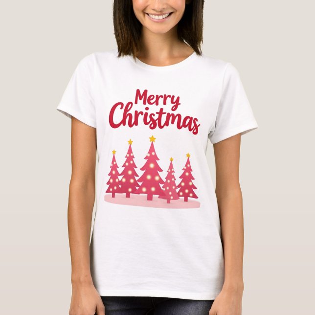T-shirt Festive Pink Christmas Trees 'Merry Christmas'  (Devant)