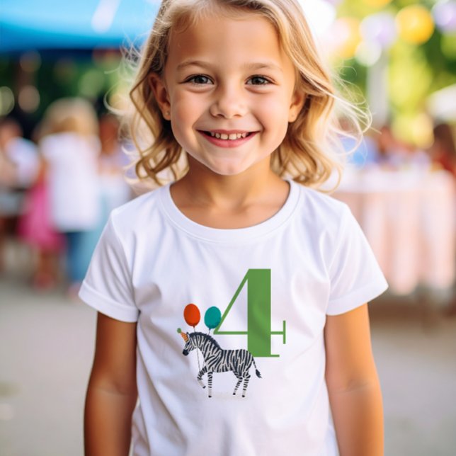 T-shirt Fête d'anniversaire de grande année Zebra (Party Animals 4th Birthday t-shirt with zebra wearing a party hat and holding colorful balloons)