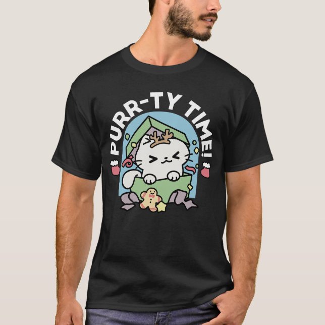 T-shirt Fête de Noël avec Purr-ty Time Cat (Devant)