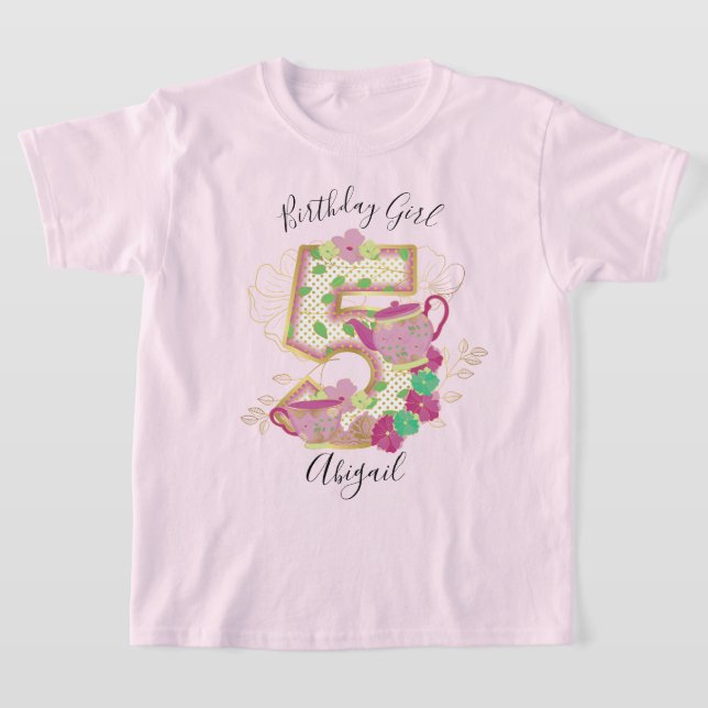 T-shirt Fête de thé Cinq Fille Anniversaire | Floral (Poser)