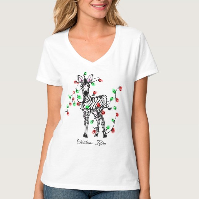 T-shirt Fêtes Zèbre, rouge, vert lumières scintillantes de (Devant)