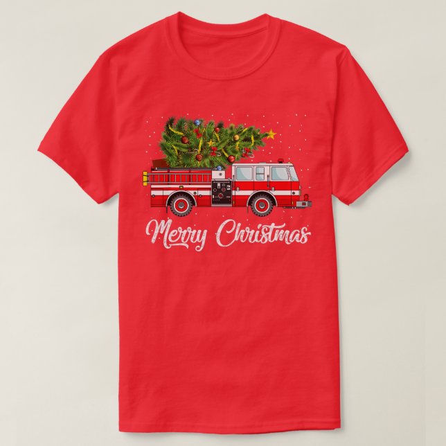 T-shirt Feu Camion Xmas Tree Funny Firefighter cadeau Joye (Design devant)