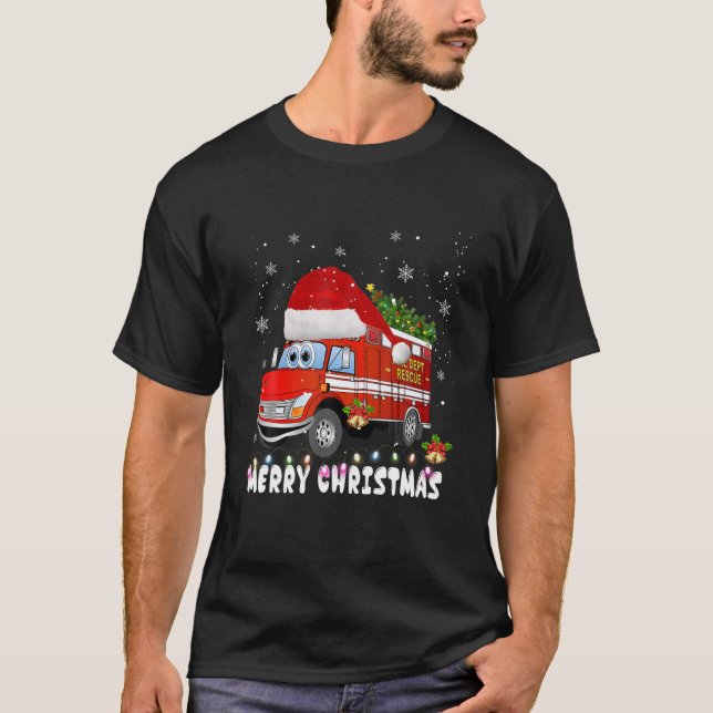 T-shirt Feu Camion Xmas Tree Funny Firefighter cadeau Joye (Devant)