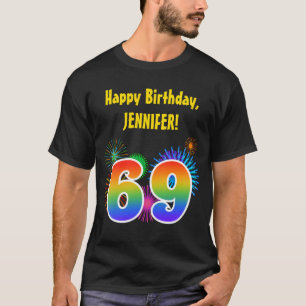 T-shirt Feu d'artifice amusant + motif arc-en-ciel "69" An