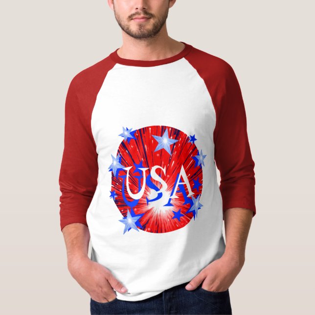 T-shirt Feu d'artifice Rouge Blanc Bleu 'USA' 3/4 manche m (Devant)