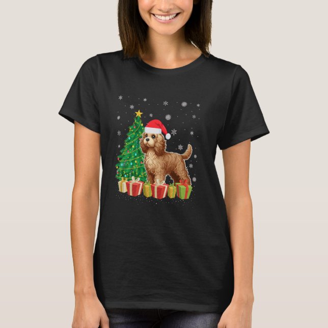 T-shirt Feu de Noël Éclairage Santa Chapeau Cockapoo Chien (Devant)