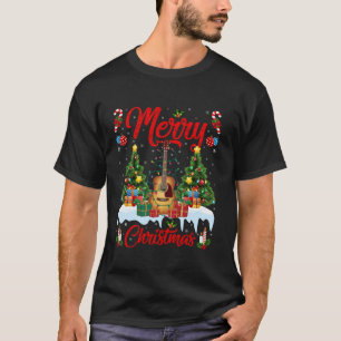 T-shirt Feu de Noël Lumière Santa Chapeau Musical Guitare 