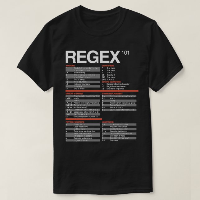 T-shirt Feuille de triche Regex Expressions régulières 101 (Design devant)