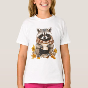 T-shirt Feuilles d'automne confortable raccoon avec tasse 
