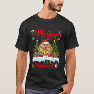 T-shirt Feux de Noël Lumière Santa Chapeau Pizza Noël T Sh