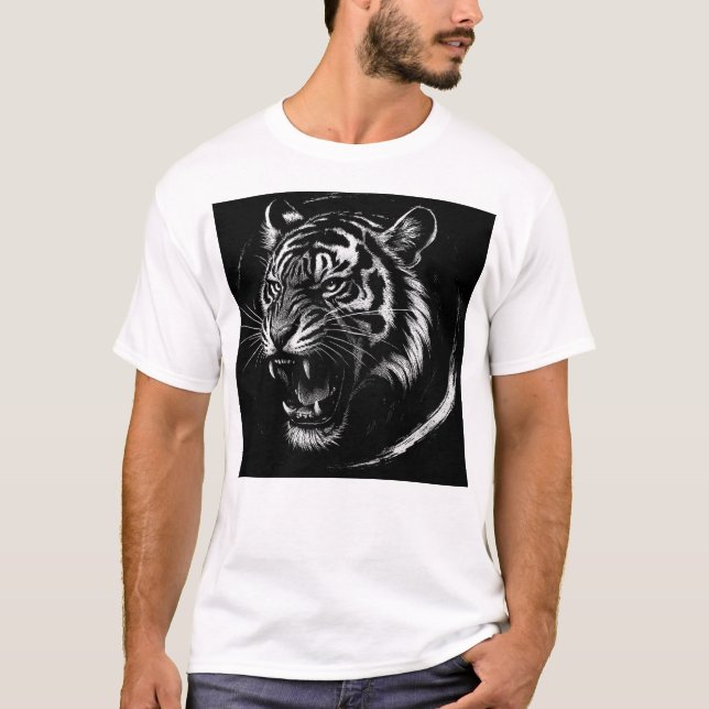 T-shirt Fierce Tiger Roar – Monochrome Ink Style (Devant)
