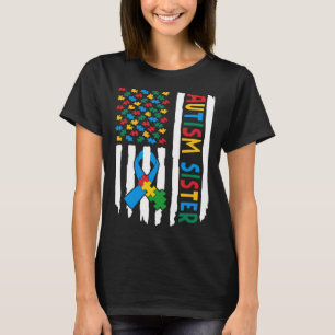 T-shirt Fière Autisme Soeur USA Drapeau Puzzle Pièce Autis