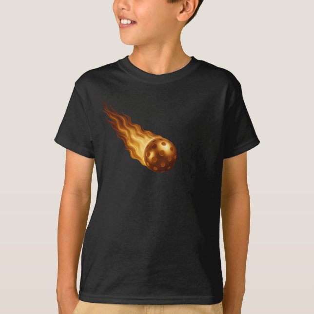 T-shirt Fiery Golden Flames | Pickleball Player Kids Black (Devant)