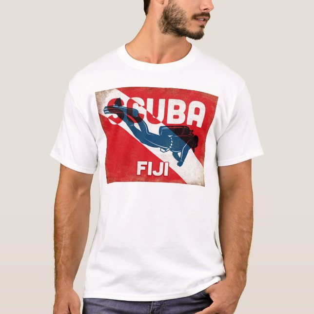 T-shirt Fiji Scuba Diver - Blue Retro (Devant)