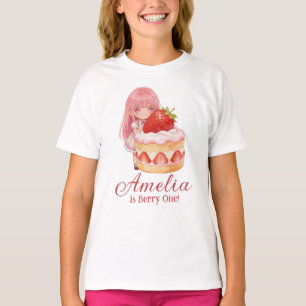 T-shirt Fille à l'aquarelle douce fraise 1er anniversaire