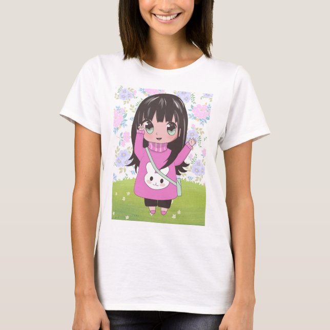 T-shirt fille anime avec des fleurs (Devant)