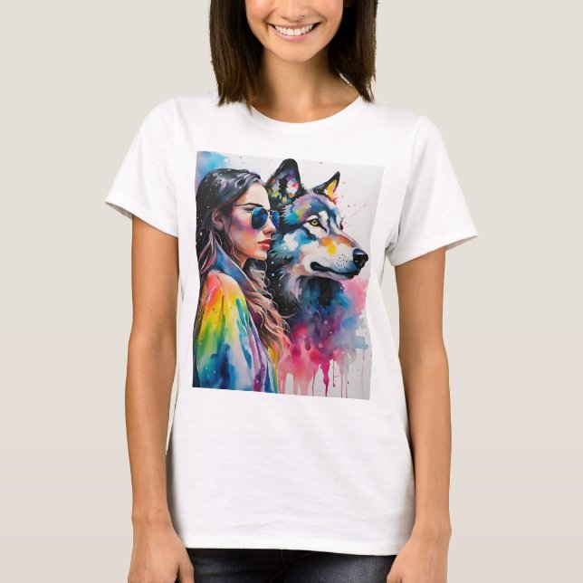 T-shirt Fille arc-en-ciel avec loup (Devant)